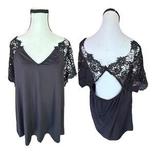 Women’s 2X Black V Neck Crochet Lace Inset Open Back Top